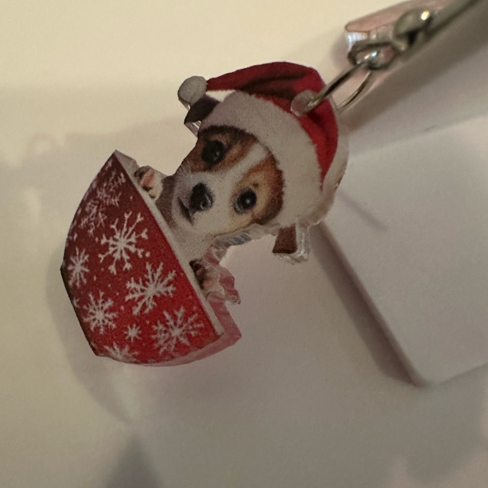 Festive Dog in Santa Hat in a Cup Earrings NIP - Picture 6 of 8